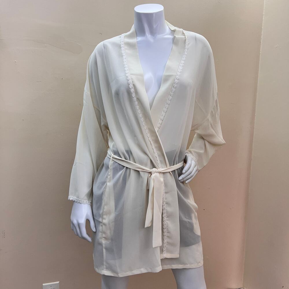 Frou Frou Women Sheer Beige Robe Kimono Lingerie Cover Up Belted 100%Polyester S